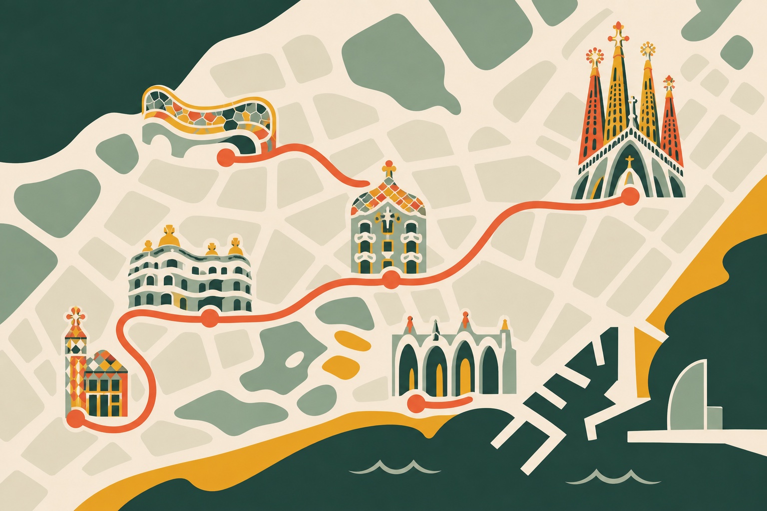 Illustrated route connecting Gaudí landmarks across Barcelona