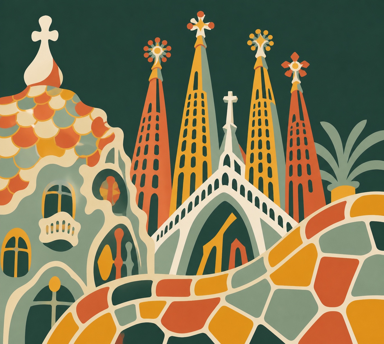 Flat editorial collage of Sagrada Família, Casa Batlló and Park Güell