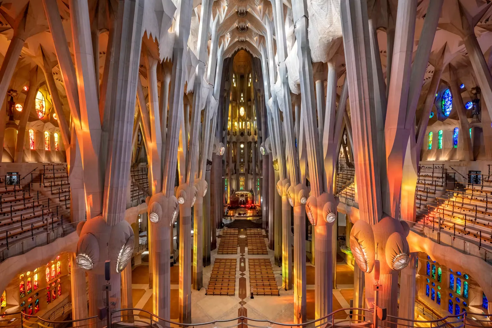 Branching stone columns and coloured light inside Sagrada Família
